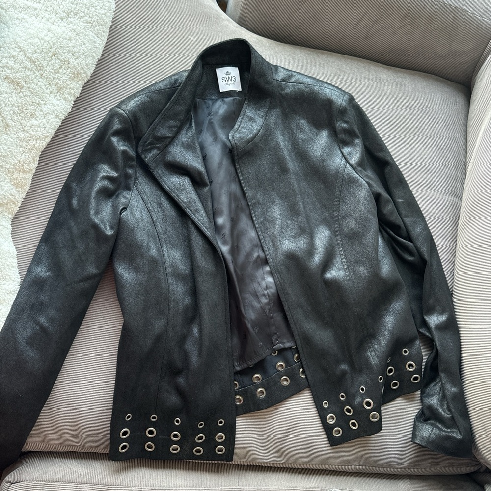 Black leather jacket with shoulder pads